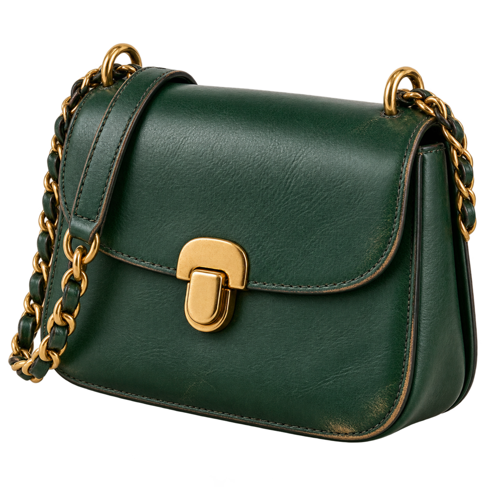 Borsa a spalla in pelle verde con catena, immagine del servizio di riparazione Gucci