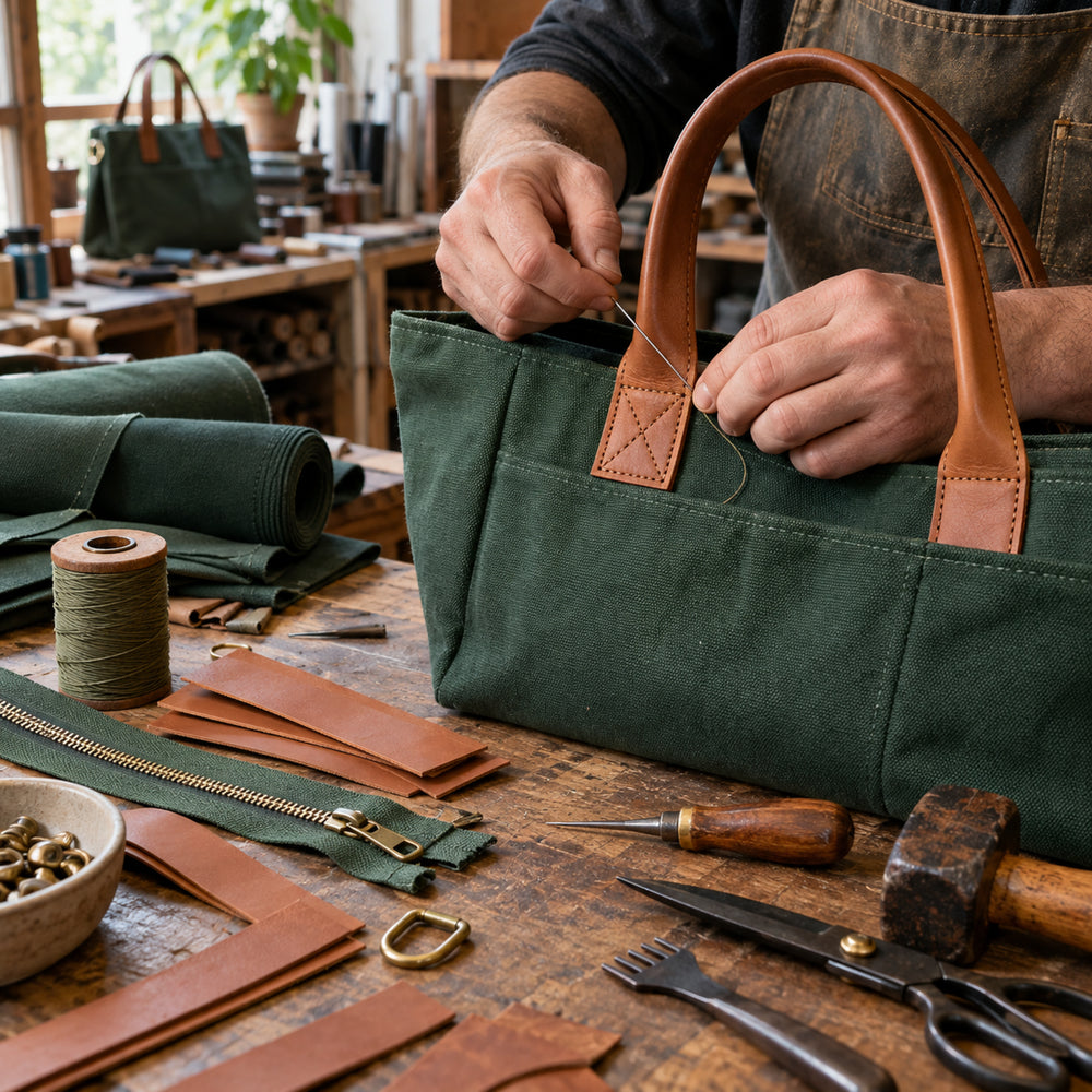 Materiali e lavorazione artigianale per la riparazione di una borsa in tela