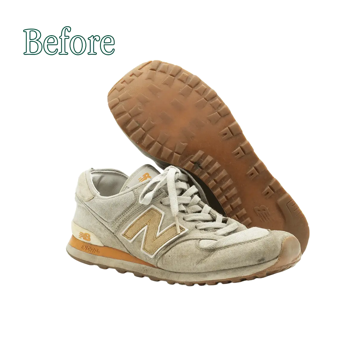 Sneakers New Balance prima della risuolatura con suola consumata e fondo da sostituire