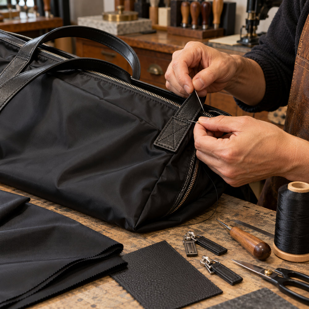 Riparazione artigianale di un manico e cerniera su una borsa in nylon