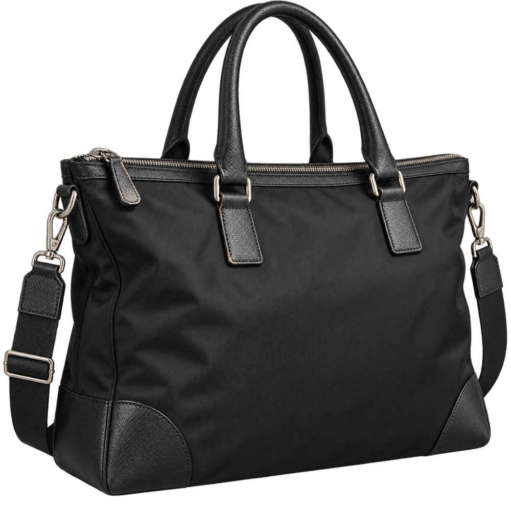 Borsa tote nera in nylon con dettagli in pelle, immagine del servizio di riparazione Prada